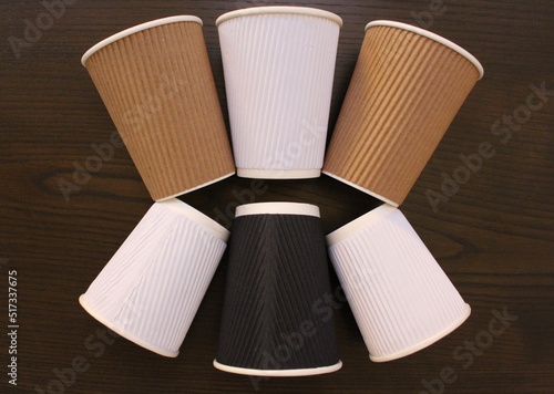 Disposable paper cups for coffee and other take out drinks.