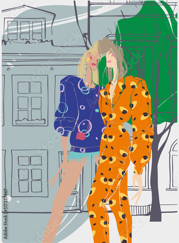Two women of fashion in stylish clothes on the background of a city street. Girl in a leopard jumpsuit. Colorful street fashion illustration. Trendy vector style. Vector magazine illustration. 