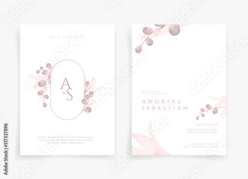 White wedding card or invitation card with pink flower and leaf theme front side and backside. Nature wedding card. Nature cover. Wedding card template.