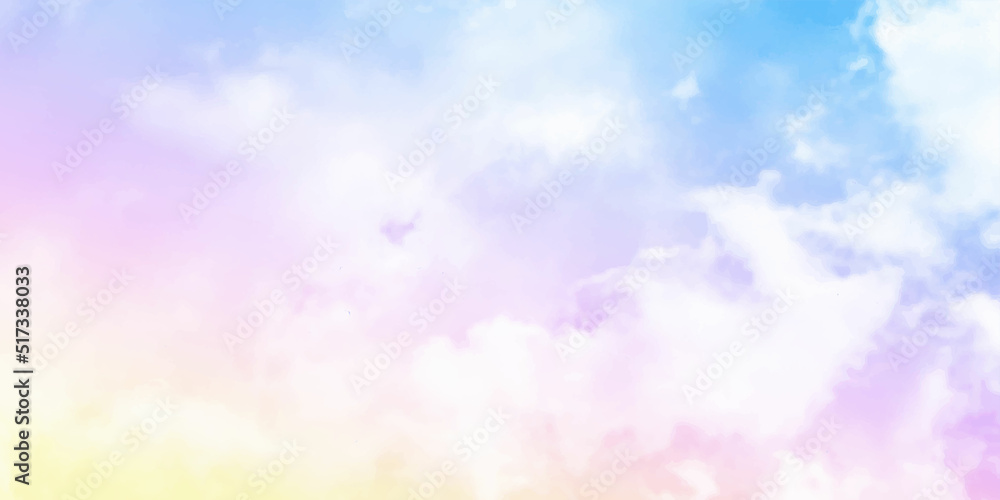 Sun and clouds background with a soft pastel color. Fantasy magical sunny sky pastel background with colorful cloudy sky, fluffy white cloud. Freedom concept. Vector illustration. Sun and clouds background with a soft pastel color. Fantasy magical sunny sky pastel background with colorful cloudy sky, fluffy white cloud. Freedom concept. Vector illustration.