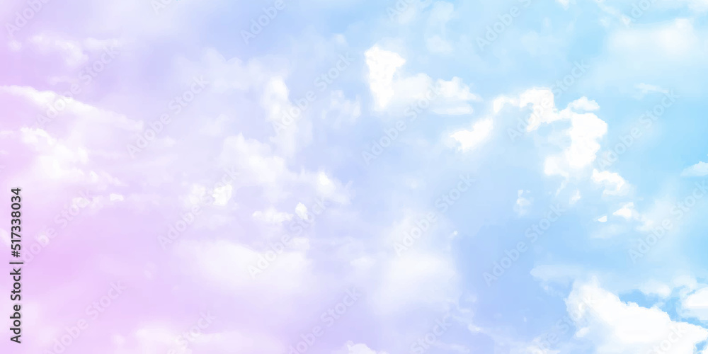 Sun and clouds background with a soft pastel color. Fantasy magical sky ...