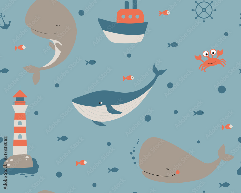 Children seamless pattern. Vector illustration of crab, sperm whale, blu whale and fishes. Cartoon cute animals Children seamless pattern. Vector illustration of crab, sperm whale, blu whale and fishes. Cartoon cute animals