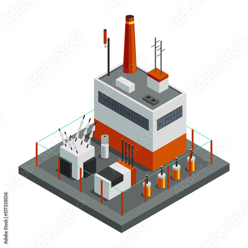Energy power grid isometric. Power distribution element with electric transformer and new power station. Electric transmission network providing energy supply