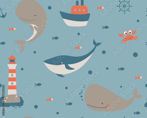 Children seamless pattern. Vector illustration of crab, sperm whale, blu whale and fishes. Cartoon cute animals