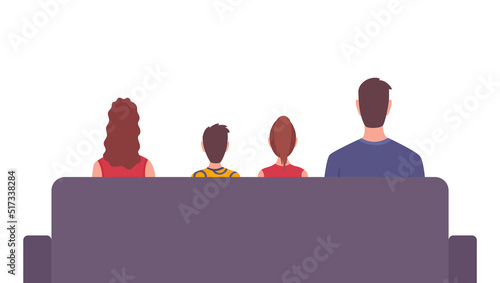 Family watching in living room. Back view of couple and child sitting on couch. Vector illustration for television, broadcasting, entertainment concepts. Spending time on quarantine