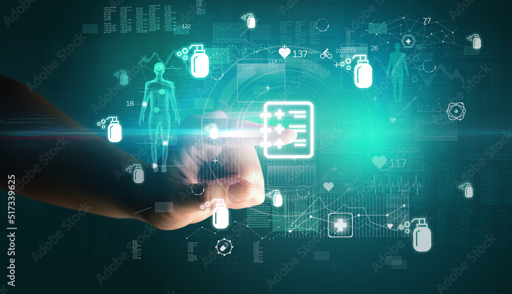 Doctor hand pressing futuristic health device with medical symbol on screen Doctor hand pressing futuristic health device with medical symbol on screen