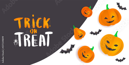 Design template with 3D paper pumpkins with Halloween faces. Black background