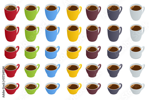 Isometric different types of cups of coffee or tea. Coffee types set, isolated illustration.