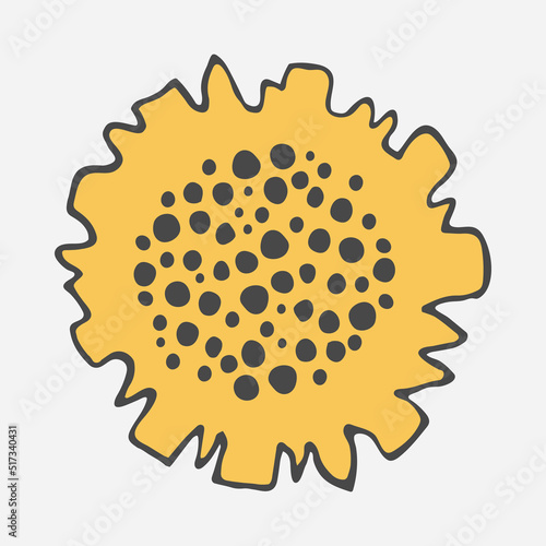 Stylized sunflower vector drawing with large flowers and buds on a branch, varied foliage. yellow and gray leaves. Botany for printing products from fabric, covers, paper, upholstery, curtains.
