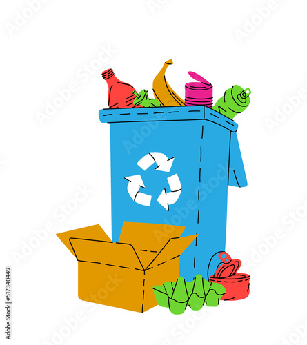 Trash can with unsorted garbage. Plastic, metal, paper, organic waste illustration. Garbage plastic can with different trash. Pile of household waste