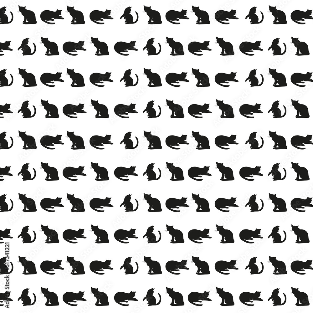 Vector seamless pattern with hand draw textured cats in graphic. Black and white endless background.