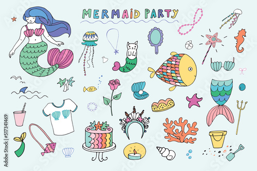 Mermaid party birthday celebration vector illustration set