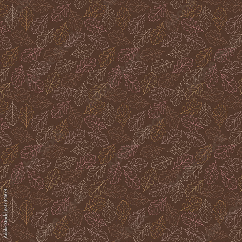 Seamless pattern with oak leaves, acorns. Vector autumn texture isolated, hand drawn in doodle style, black outline. Concept of forest, leaf fall, nature, thanksgiving