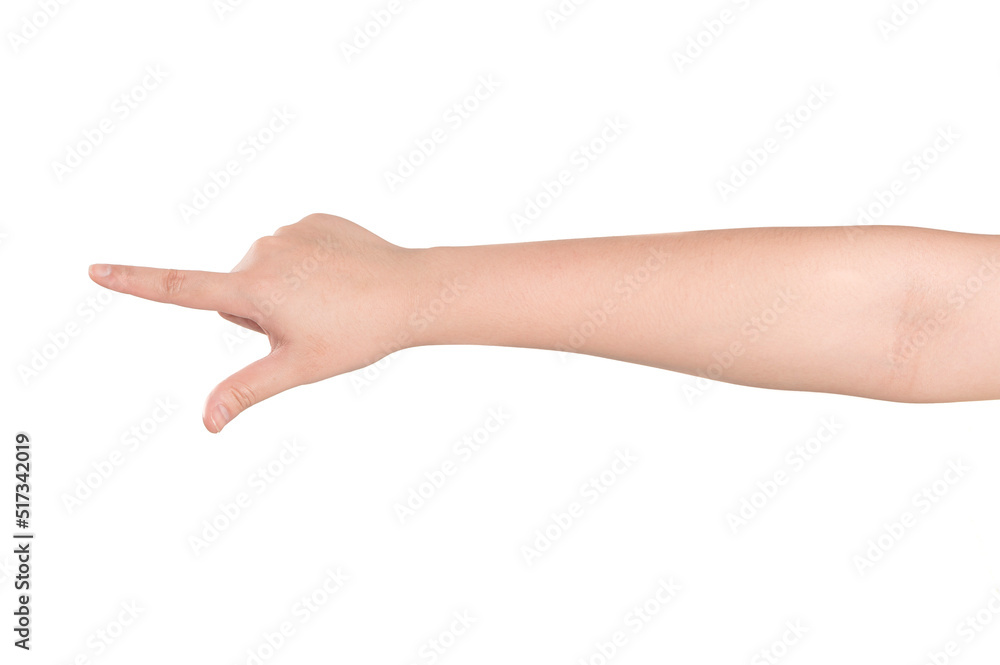 Woman hand pointing something isolated on white background. Woman hand pointing something isolated on white background.