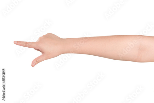 Woman hand pointing something isolated on white background.