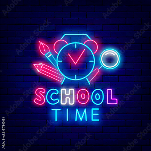 School time neon signboard. Alarm clock with office items. Education design. Welocme back to school. Vector illustration photo