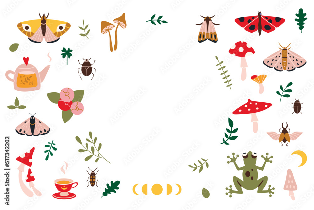 Frame with forest items like butterflies, mushrooms, plants, cartoon style. Cottagecore, goblincore aesthetics. Trendy modern vector illustration, hand drawn