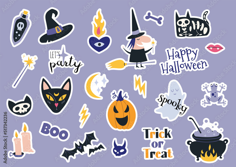 Happy Halloween stickerpack with pumpkins, bat, decoration elements. Bohemian mystical magic collection clip art. Sticker Style. Trendy modern vector illustration, hand drawn, flat