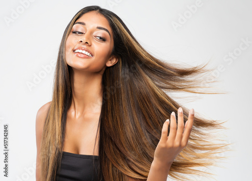 Wallpaper Mural Brown Hair Beauty Woman. Brunette Model with Shiny Straight Long Hairstyle. Hair Care Spa and Keratin Straightening over White. Cheerful Smiling Girl touching flying Healthy Smooth Hair Torontodigital.ca