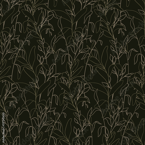 Seamless pattern with outline herbs in vintage style. Elegant botanical background with wild herbs, leaves on branches. Natural print with sketch plants on a dark field. Vector illustration.