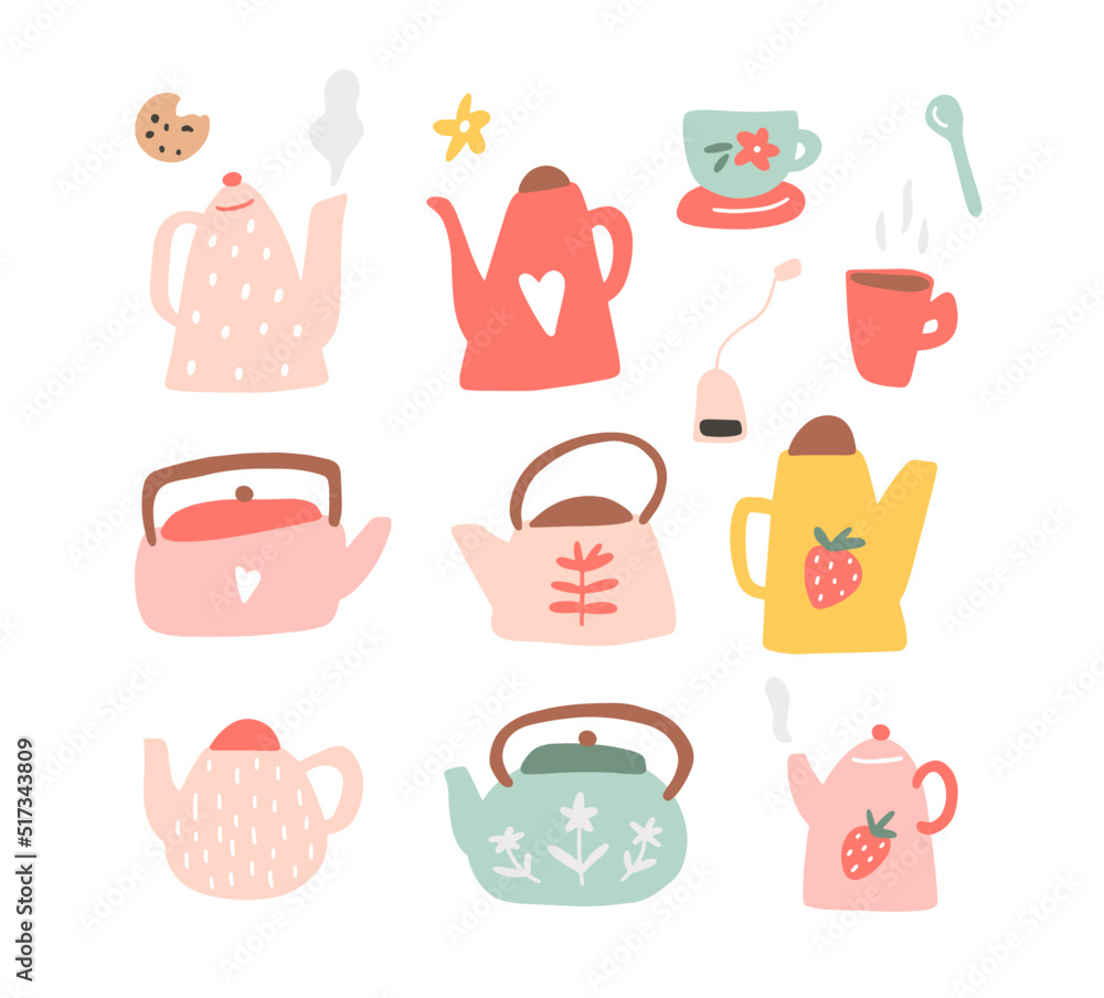 Set of cute colorful teapots and tea cups isolated on a white background. Hand drawn flat vector illustration in childish style. Collection of graphic elements for your design. Set of cute colorful teapots and tea cups isolated on a white background. Hand drawn flat vector illustration in childish style. Collection of graphic elements for your design.