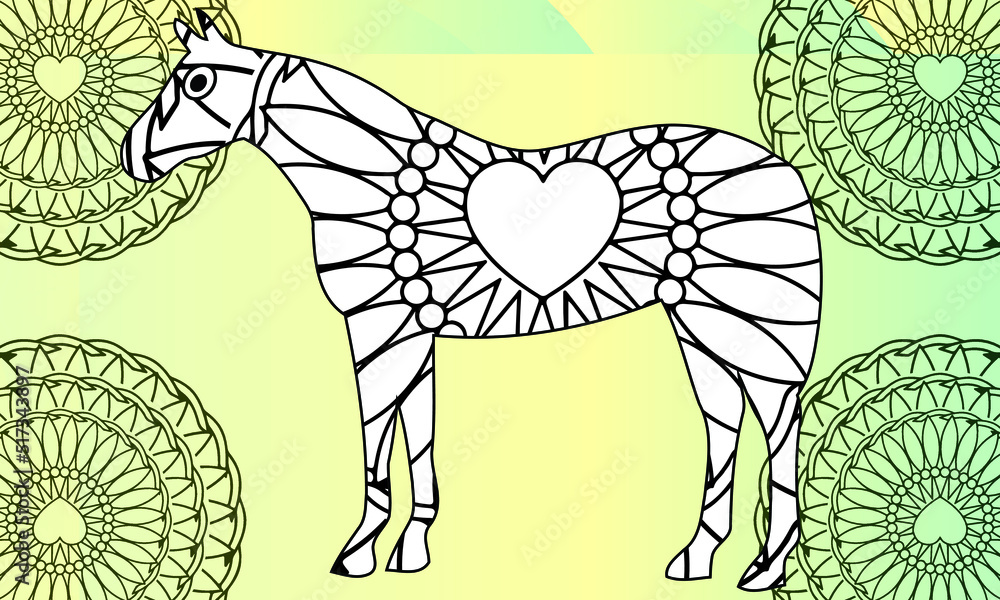 A beautiful horse.Coloring book antistress for children and adults. Zen-tangle style.Black and