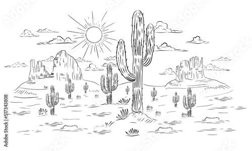 Sketch of the desert of America with cacti. Prairie landscape. Hand-drawn vector illustration