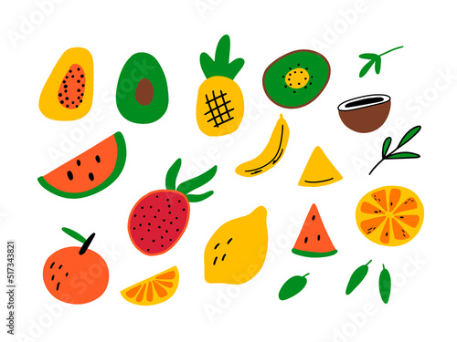 Set of colorful tropical fruits. Vector graphic ellements for poster  postcard  t shirt design. Hand drawn illustrations in doodle style. Collection of summer food