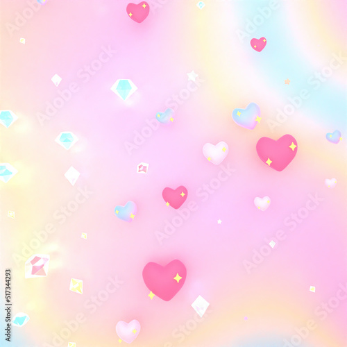 3d rendered hearts and diamonds on soft pastel wavy rainbow pattern background.