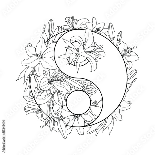 Yin Yang symbol floral vector illustration isolated on white background. Design for postcards, covers.