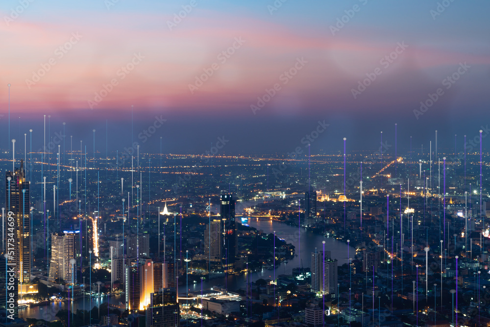 Smart city dot point connect with gradient line, connection technology metaverse concept. Bangkok, Cityscape night city banner with big data.