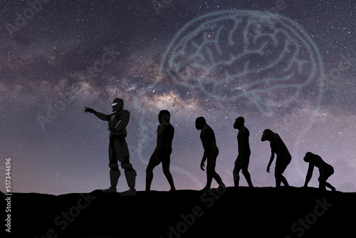 Human evolution, natural selection, from monkeys to modern humans, spaceman. Anthropology and genetic heritage, against the background of the starry sky, milky way photo