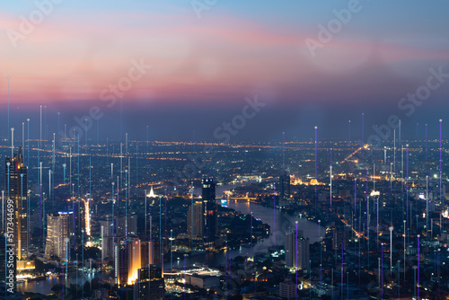 Smart city dot point connect with gradient line, connection technology metaverse concept. Bangkok, Cityscape night city banner with big data.