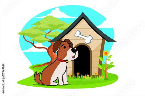 Dog cartoon. A small puppy playing in front of a small house. Small dog house. Dog vector illustration