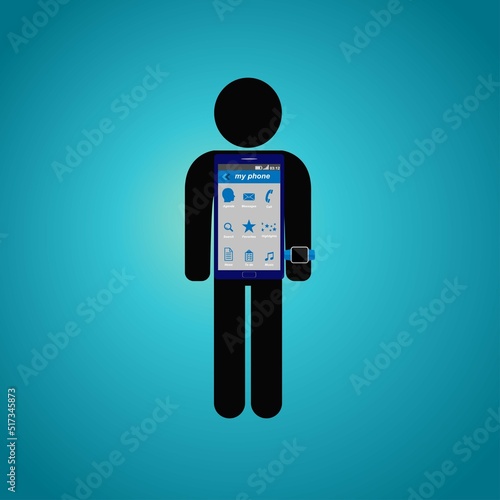 Man with smartphone in his body and with smartwatch, technology addiction concept