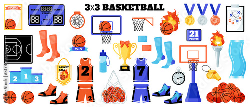 3x3 Basketball sport equipment set. Ball, scoreboard, net, uniform, sneakers, medals, cup, etc. Summer games