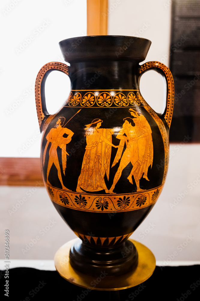 Greek style vessel decorated with ancient mythological legends of gods.