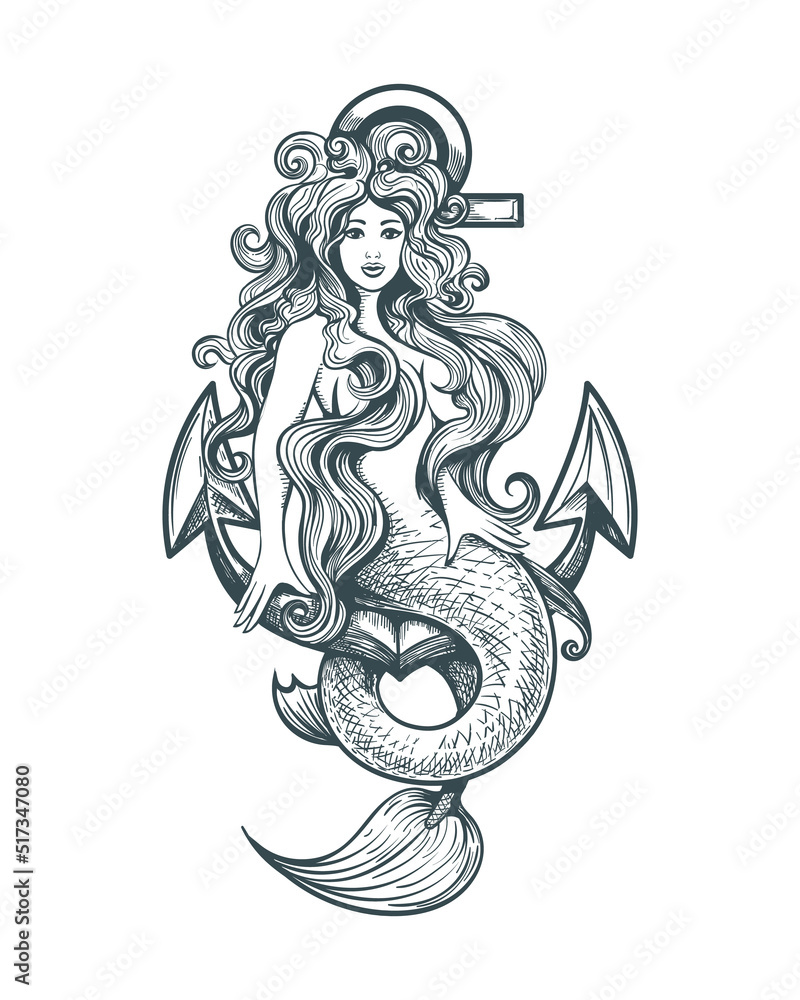 Mermaid on Anchor Tattoo in Retro Style Stock Vector