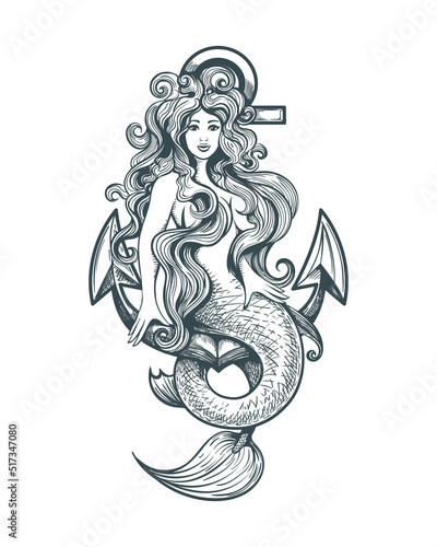 Mermaid on Anchor Tattoo in Retro Style