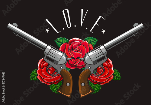 Two Crossed Pistols with Rose Flowers drawn in Tattoo style