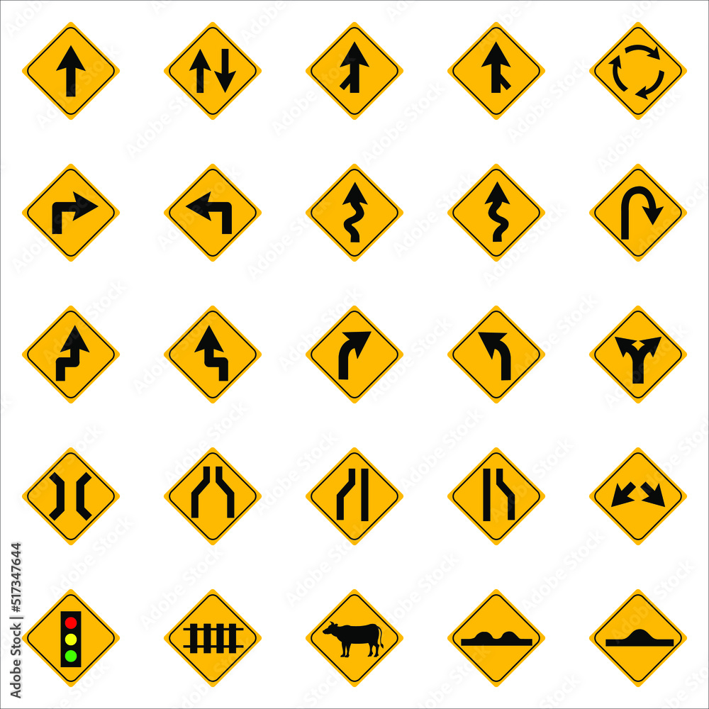 yellow road signs, traffic signs set on white background. yellow road signs, traffic signs set on white background.