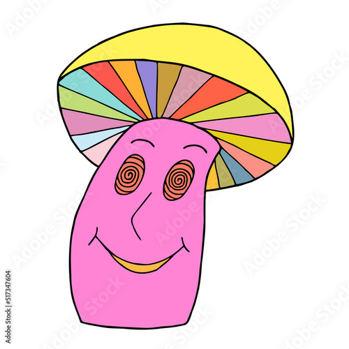 Multicolored hallucinogenic mushroom with hypnotic eyes, nose and mouth, smiling.