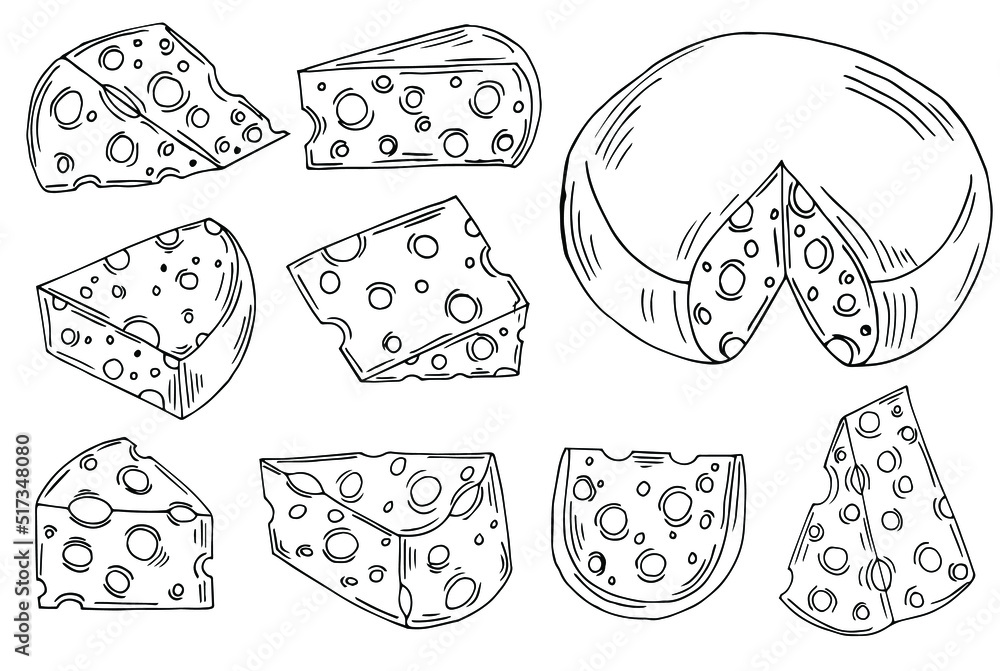 Cheese hand drawn vector illustrations. Farm market product. Healthy eating. Organic food illustration. Isolated Cheese set.