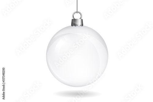 White or silver christmas ball isolated on white background. Ball with ribbon and bow. New year toy decoration. Holiday decoration element. White pearl balloon. Festive christmas tree toy.