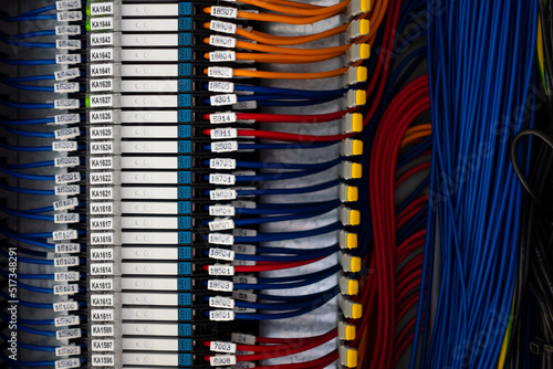 Obraz na płótnie Electrical wiring harnesses connected to terminals in the control cabinet of an industrial machine. Cable ends marked with descriptions w salonie