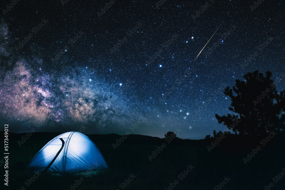 Camping tent in wilderness under the Milky way stars.
