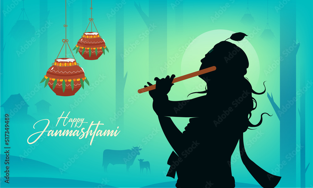 Janmashtami festival vector with Lord Krishna playing flute vector