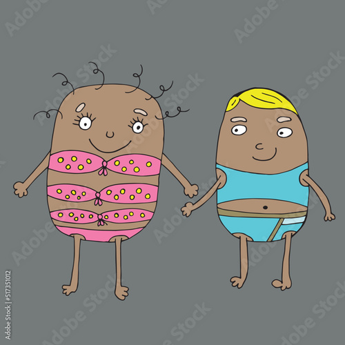 Love monsters. Valentine s day on the beach. Valentine s Day. Vector monsters. Isolated on a gray background. Coloring for children and adults. Cartoon