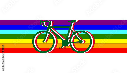 illustration of bike in silhouette with the three colors of the Italian flag. Behind the rainbow, because it gives joy and color to travel with an eco-sustainable vehicle. 