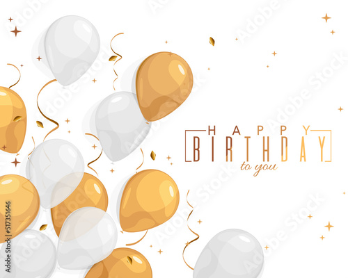 Happy Birthday elegant card with gold and white balloons. Congratulation in flat design